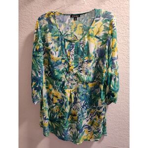 Roz & Ali Women's Plus Size 2X Sheer Floral Blue Green Yellow Blouse Silver